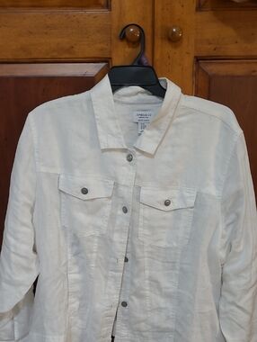 Jones New York White Button-Front Jean Jacket 100% Linen